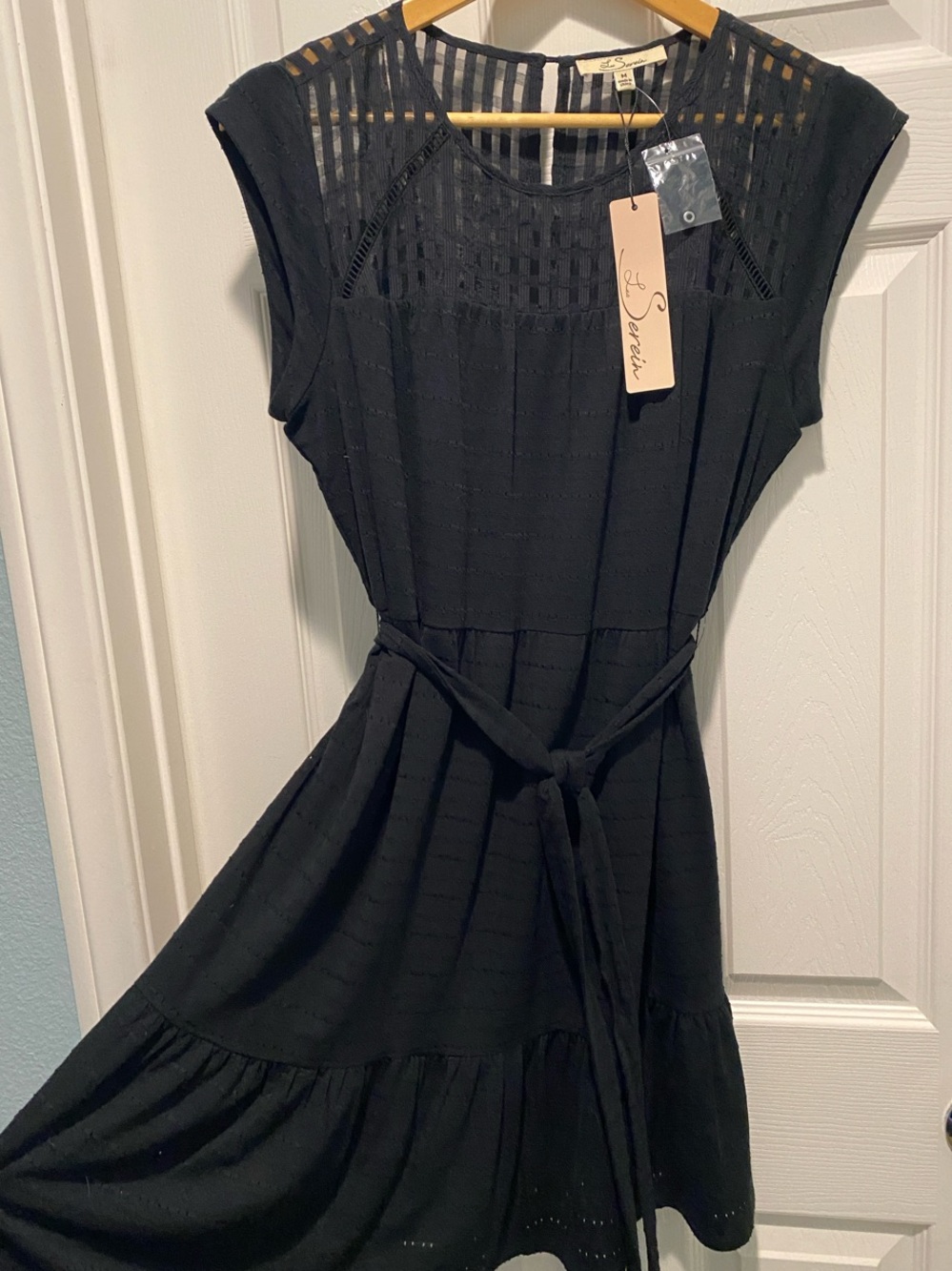 Cap Sleeve Black Belted Lace-Detail Dress